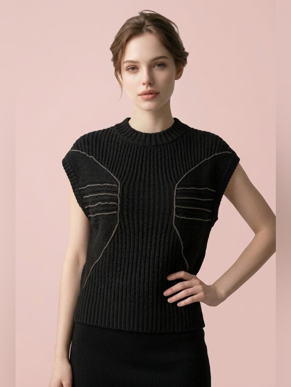 Forla Paris Black Cozy Classic Fun Unique Party Part Wool Sweater Vest Size M
